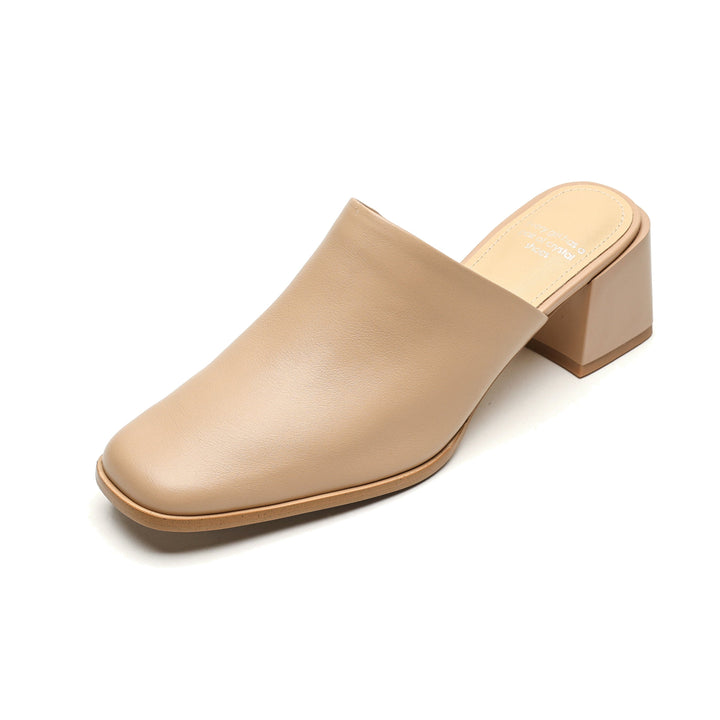 Women's Minimalist Square-Toe Leather Slides - Luxury Office Mules - Comfortable 5.5cm Heels