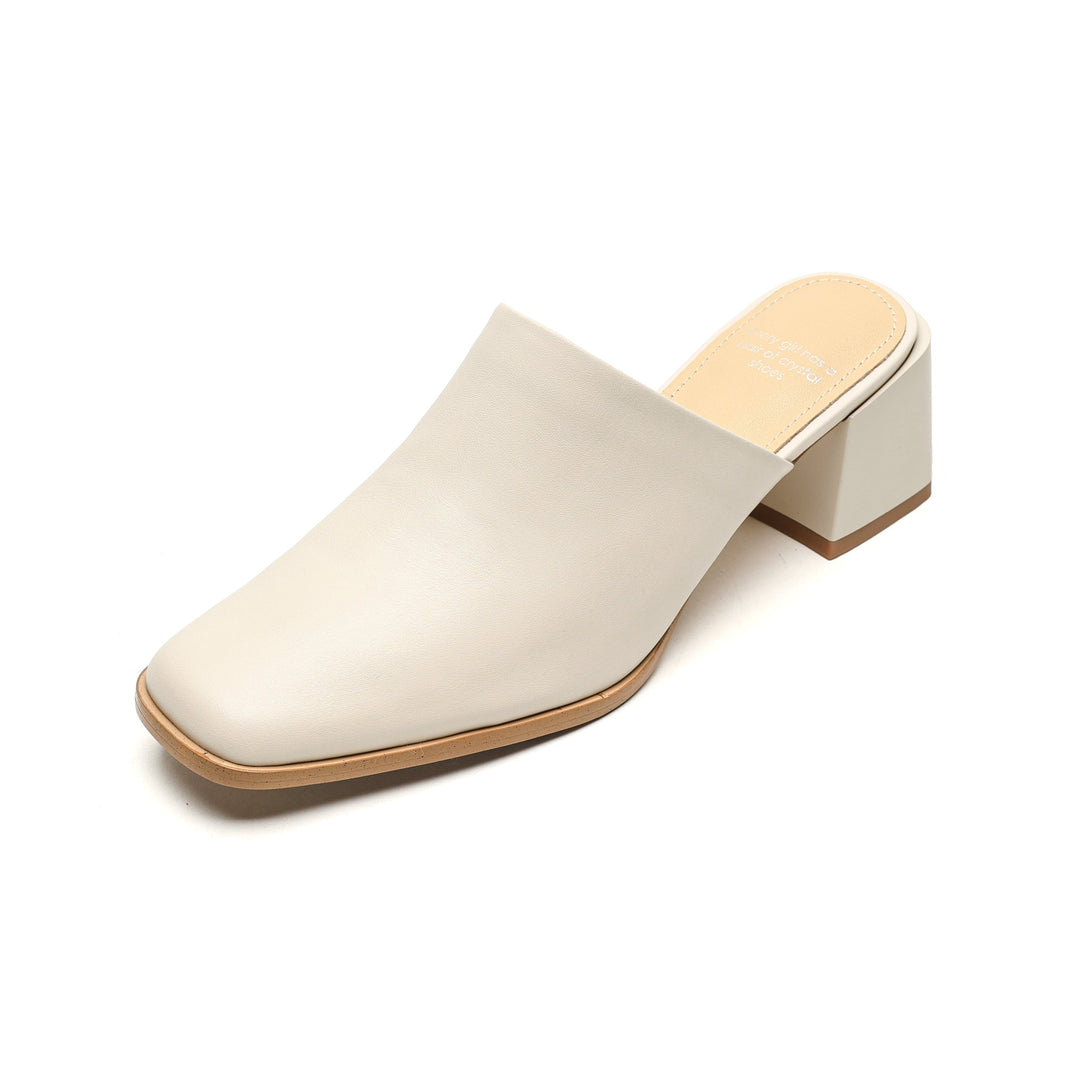 Women's Minimalist Square-Toe Leather Slides - Luxury Office Mules - Comfortable 5.5cm Heels