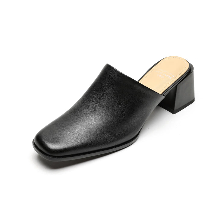 Women's Minimalist Square-Toe Leather Slides - Luxury Office Mules - Comfortable 5.5cm Heels