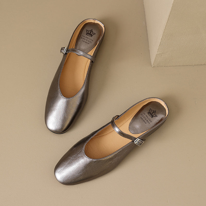 Women's Leather Metallic Color Flat Comfort Mary Jane Mule Shoes