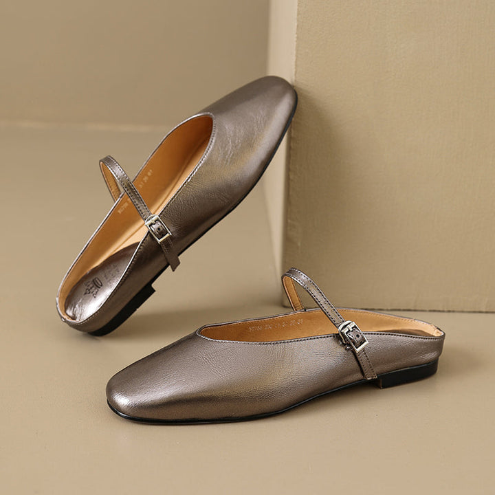 Women's Leather Metallic Color Flat Comfort Mary Jane Mule Shoes