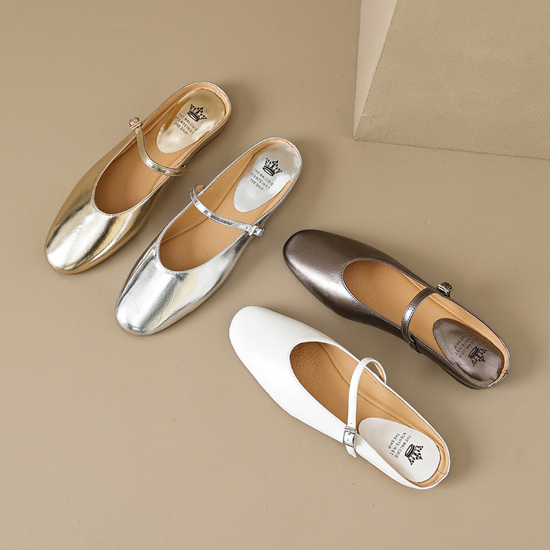 Women's Leather Metallic Color Flat Comfort Mary Jane Mule Shoes