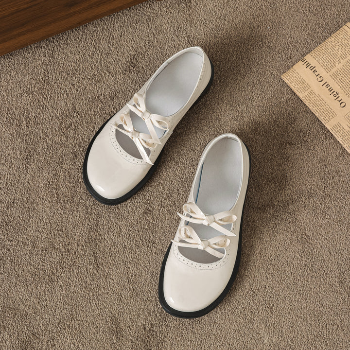 Women's French Style Sweet Bow Leather Shoes - Vintage Scalloped Mary Janes