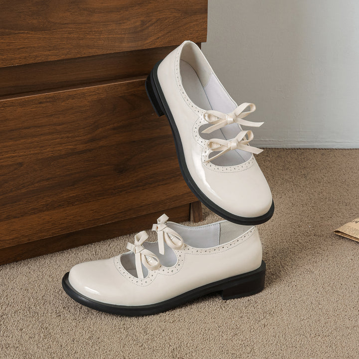 Women's French Style Sweet Bow Leather Shoes - Vintage Scalloped Mary Janes