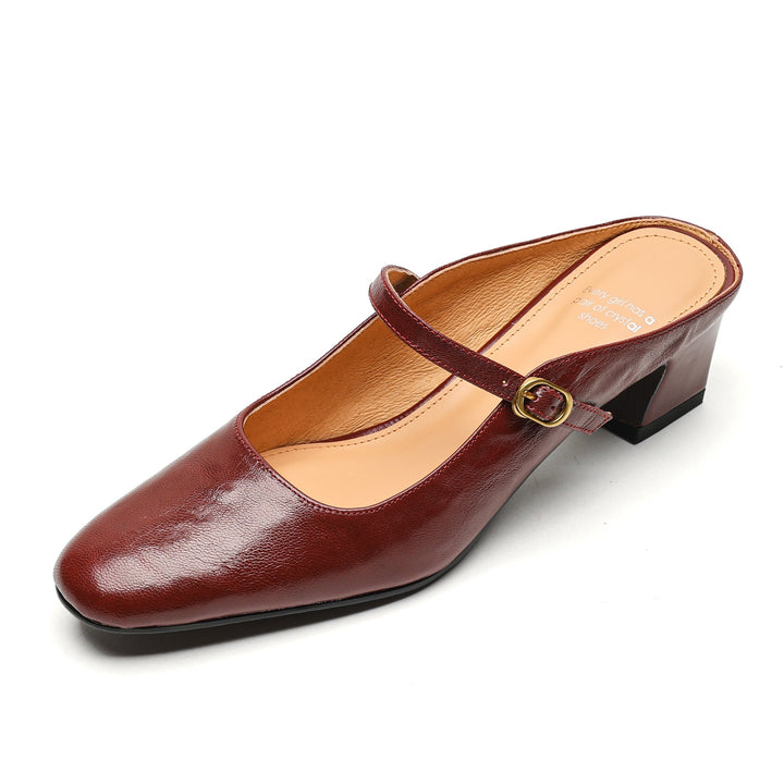 Handmade Sheepskin Mary Jane Mules - Women's Leather Block Heel Closed Toe Slides