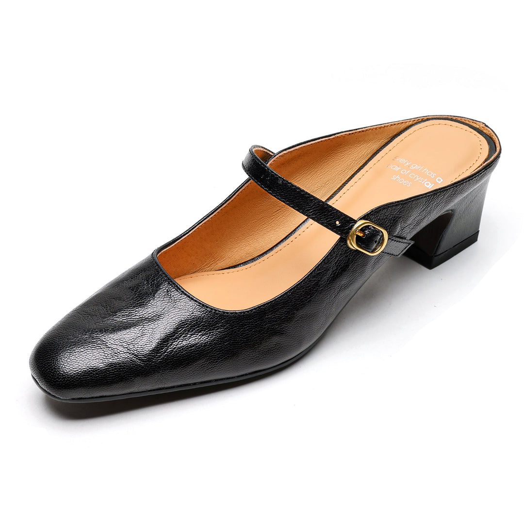 Handmade Sheepskin Mary Jane Mules - Women's Leather Block Heel Closed Toe Slides