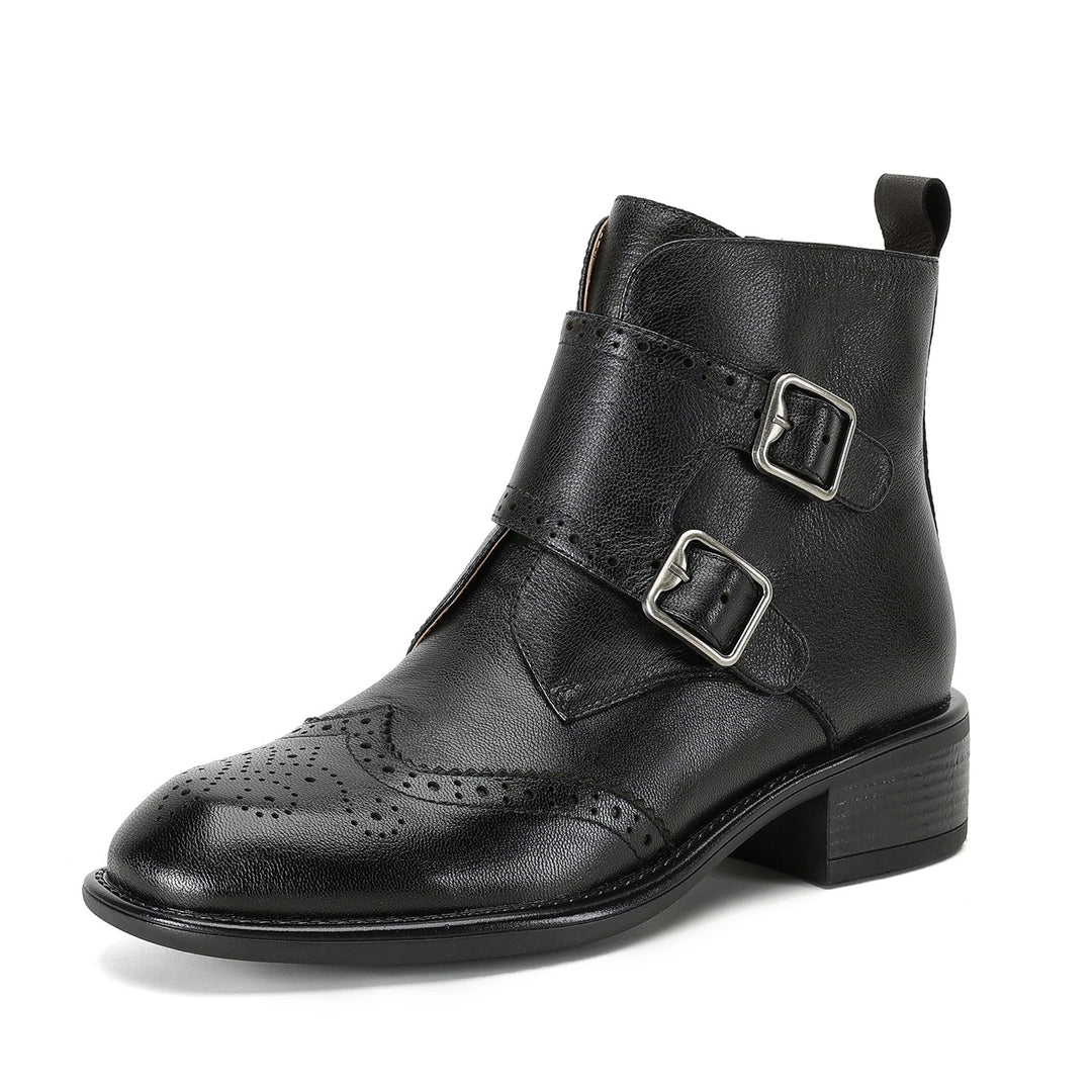 Women's Retro Cowhide Ankle Boots Vintage Brogue Round Toe Double Buckle Zipper Booties