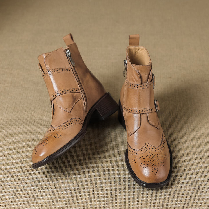 Women's Retro Cowhide Ankle Boots Vintage Brogue Round Toe Double Buckle Zipper Booties