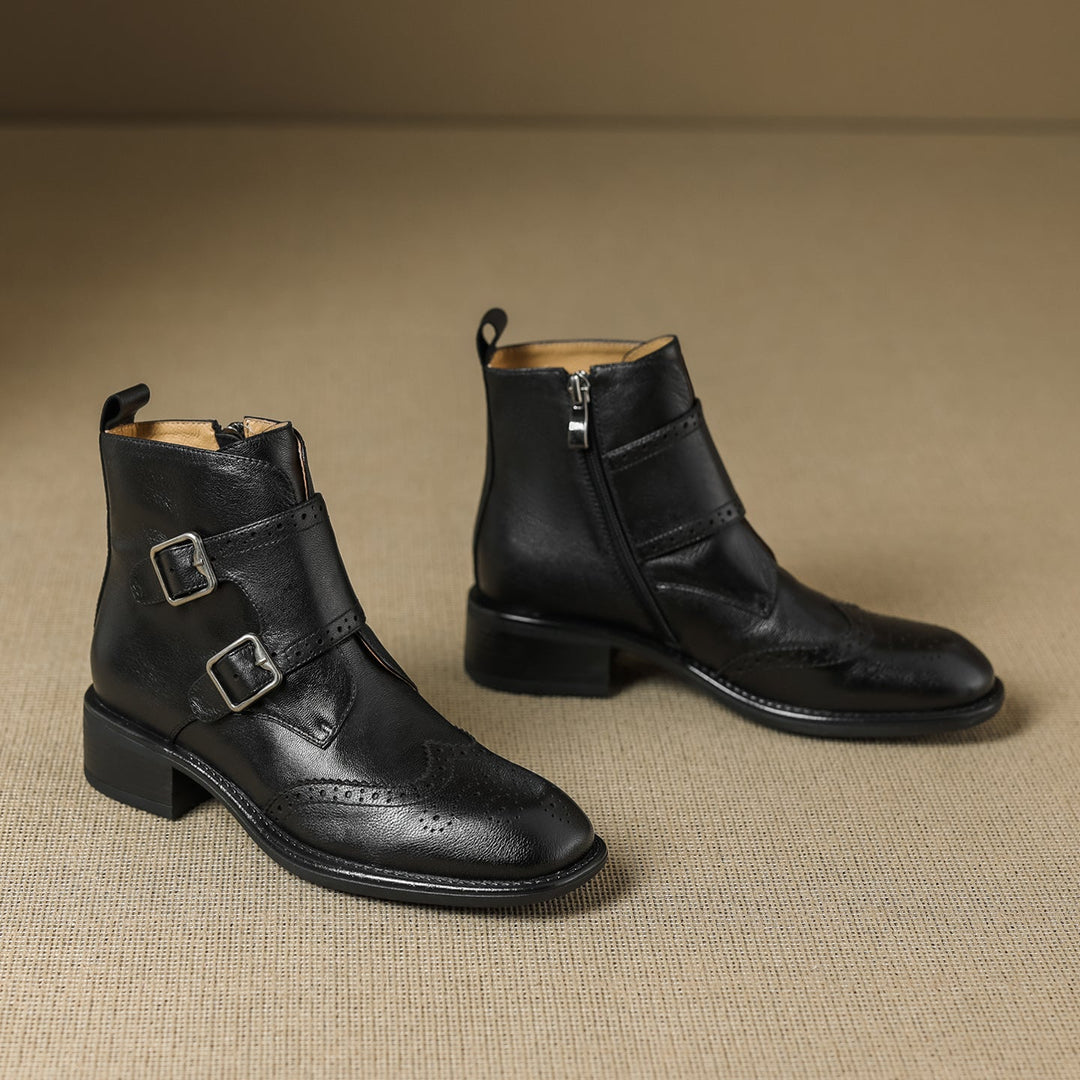 Women's Retro Cowhide Ankle Boots Vintage Brogue Round Toe Double Buckle Zipper Booties