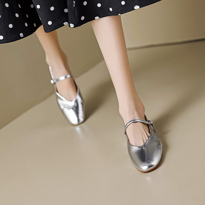 Women’s Metallic Sheepskin Mary Jane Flats – Stylish Square Toe Leather Shoes