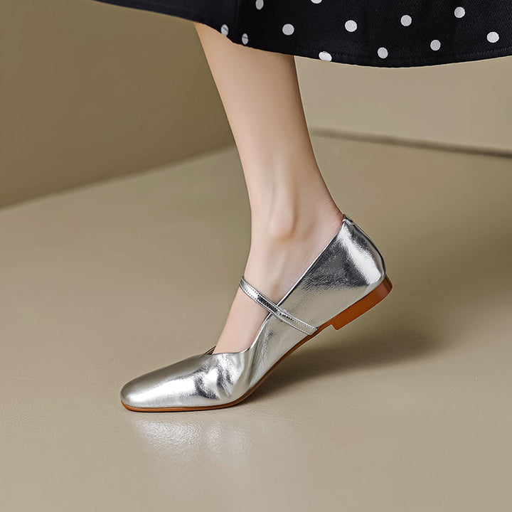 Women’s Metallic Sheepskin Mary Jane Flats – Stylish Square Toe Leather Shoes