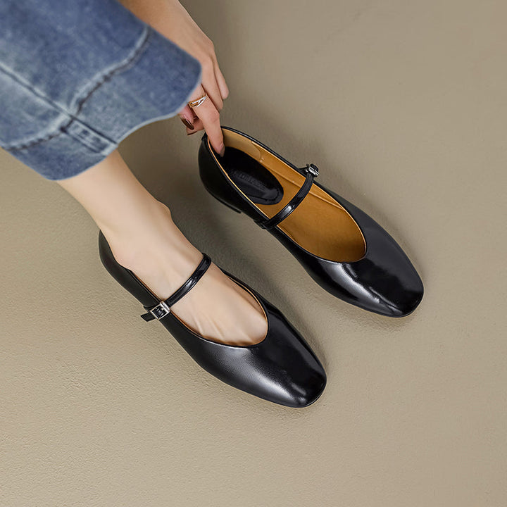 Women’s Metallic Sheepskin Mary Jane Flats – Stylish Square Toe Leather Shoes