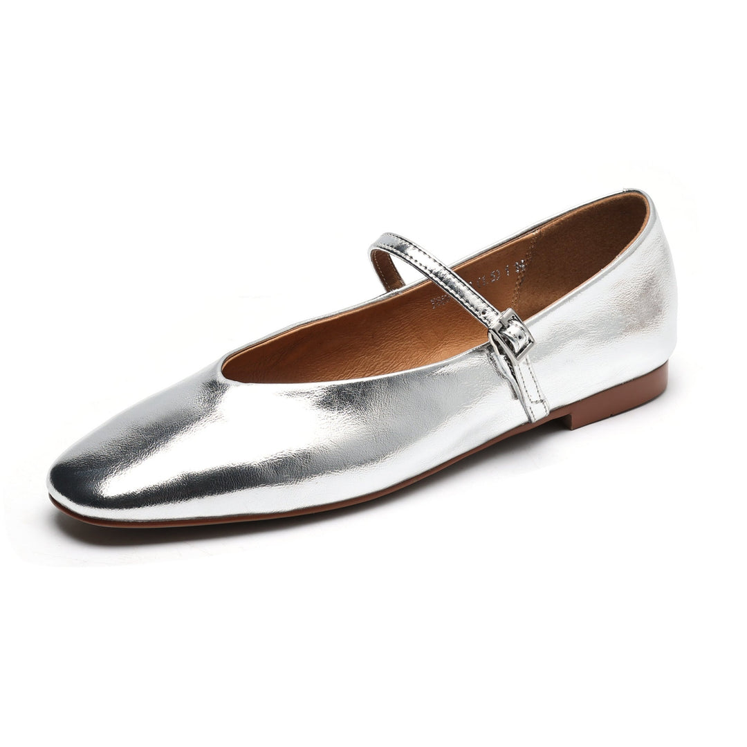 Women’s Metallic Sheepskin Mary Jane Flats – Stylish Square Toe Leather Shoes