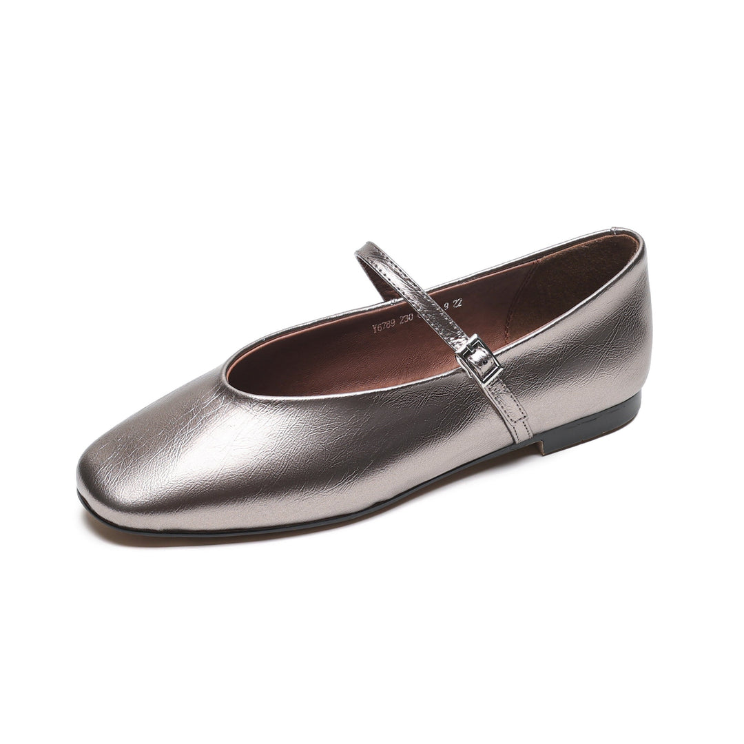 Women’s Metallic Sheepskin Mary Jane Flats – Stylish Square Toe Leather Shoes