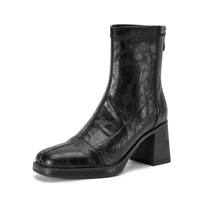Women's Stretch Leather Sock Boots Fall Winter Square Toe Chunky High Heel Boots