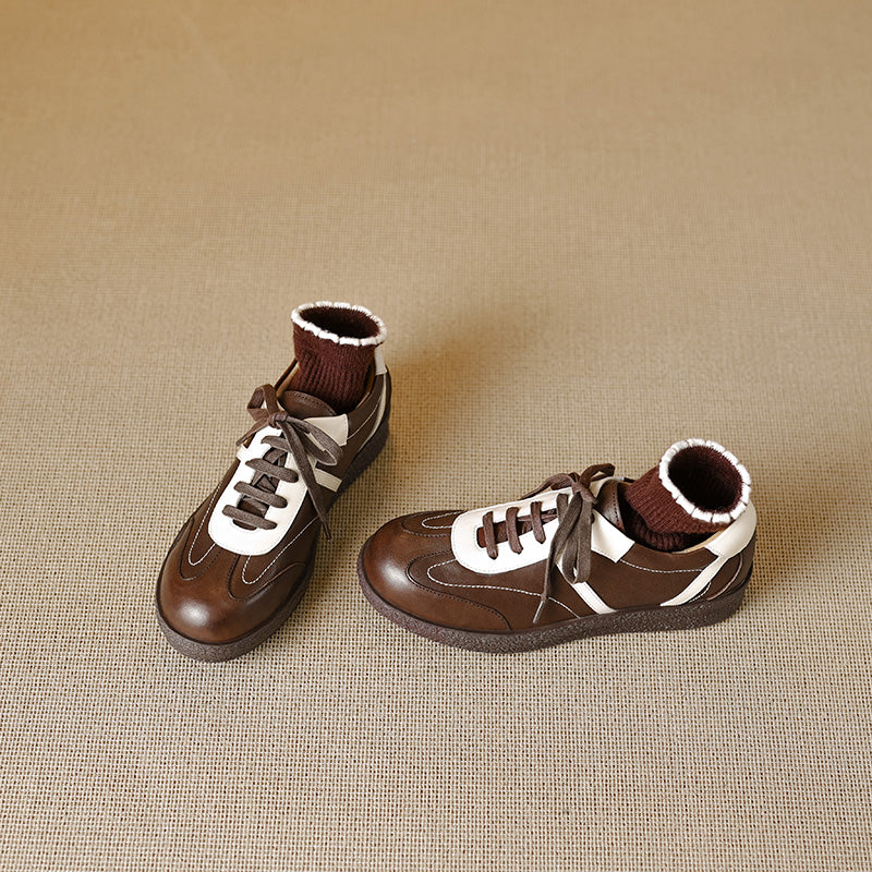 Women's Washed Horse Leather Sneakers - Vintage GAT Style Contrast Lace-up