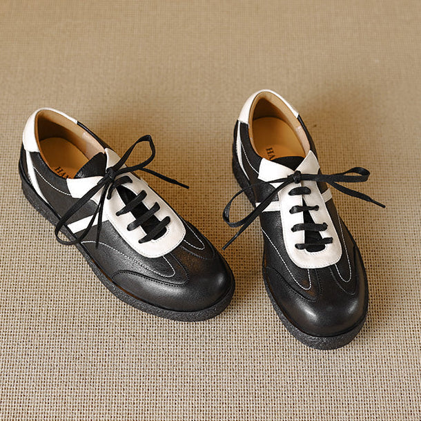 Women's Washed Horse Leather Sneakers - Vintage GAT Style Contrast Lace-up