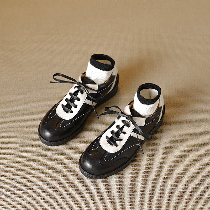 Women's Washed Horse Leather Sneakers - Vintage GAT Style Contrast Lace-up