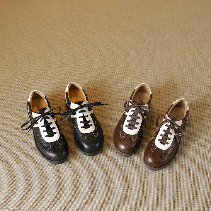 Women's Washed Horse Leather Sneakers - Vintage GAT Style Contrast Lace-up