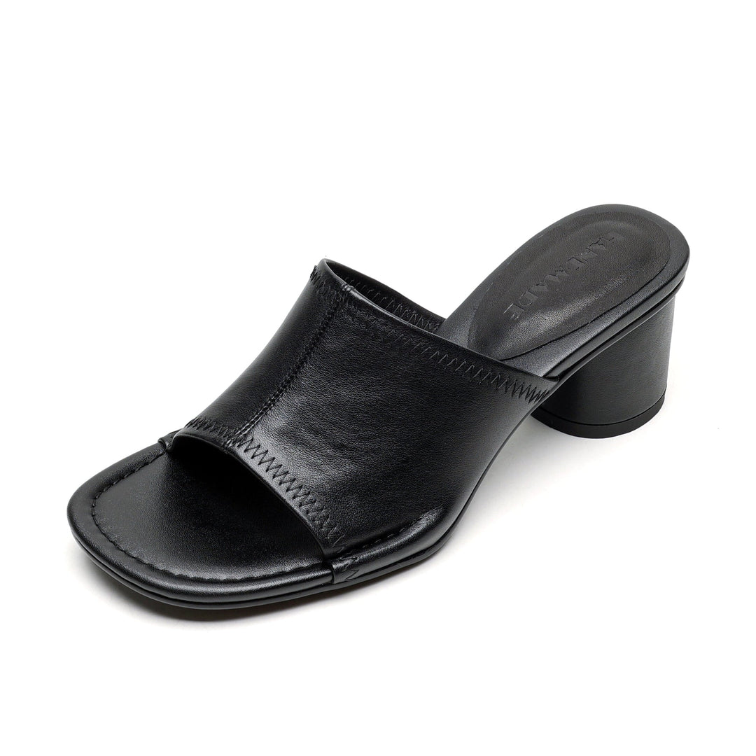 Handmade Leather Block Heel Mules - Women's Summer Cowhide Open Toe Sandals