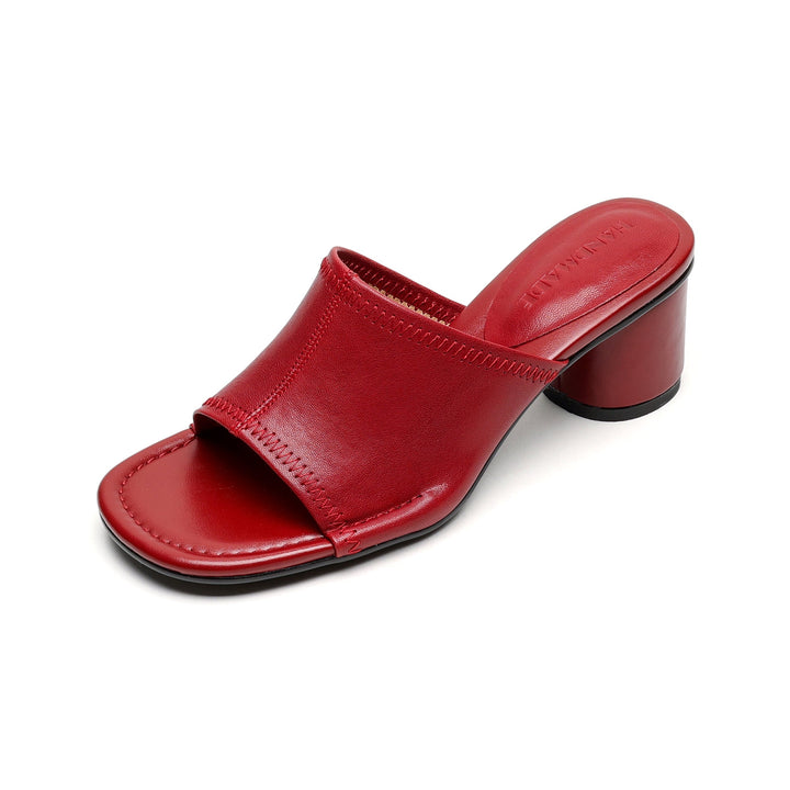 Handmade Leather Block Heel Mules - Women's Summer Cowhide Open Toe Sandals