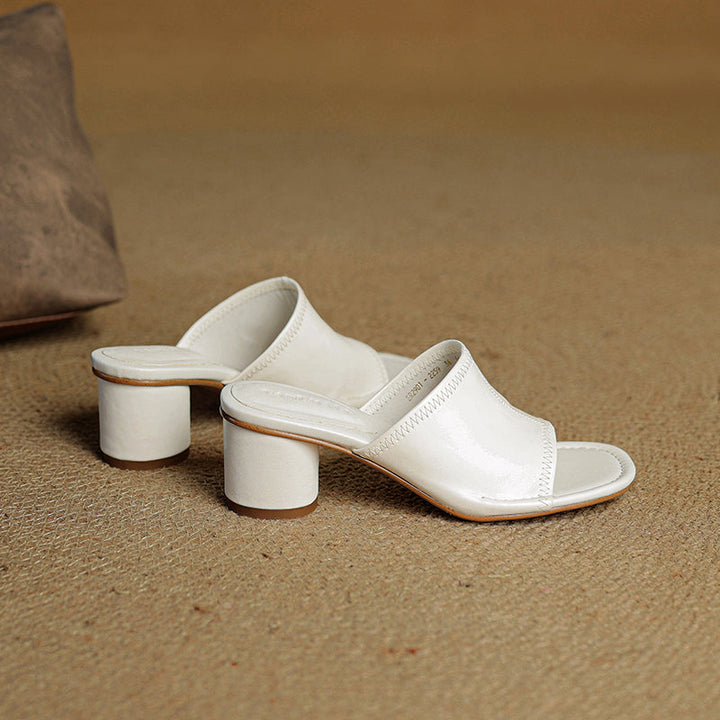 Handmade Leather Block Heel Mules - Women's Summer Cowhide Open Toe Sandals