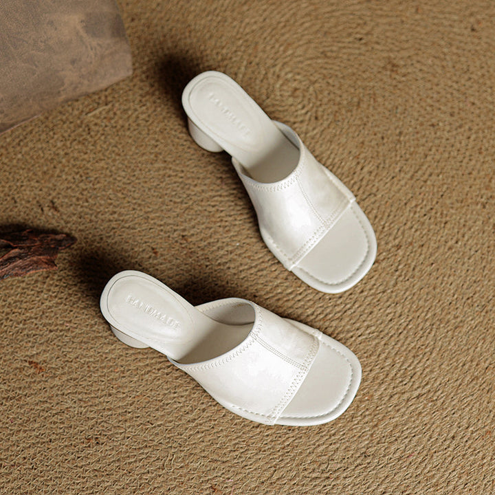 Handmade Leather Block Heel Mules - Women's Summer Cowhide Open Toe Sandals