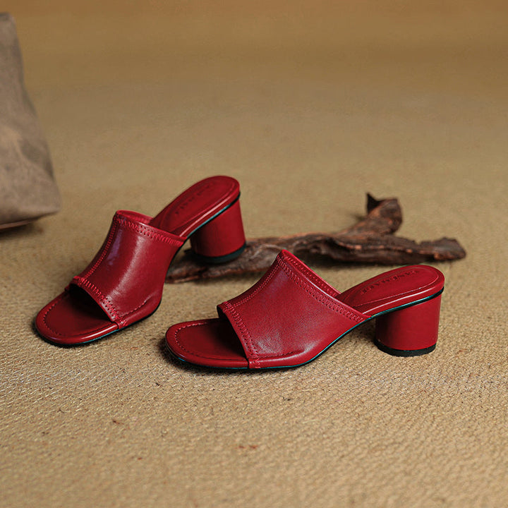 Handmade Leather Block Heel Mules - Women's Summer Cowhide Open Toe Sandals