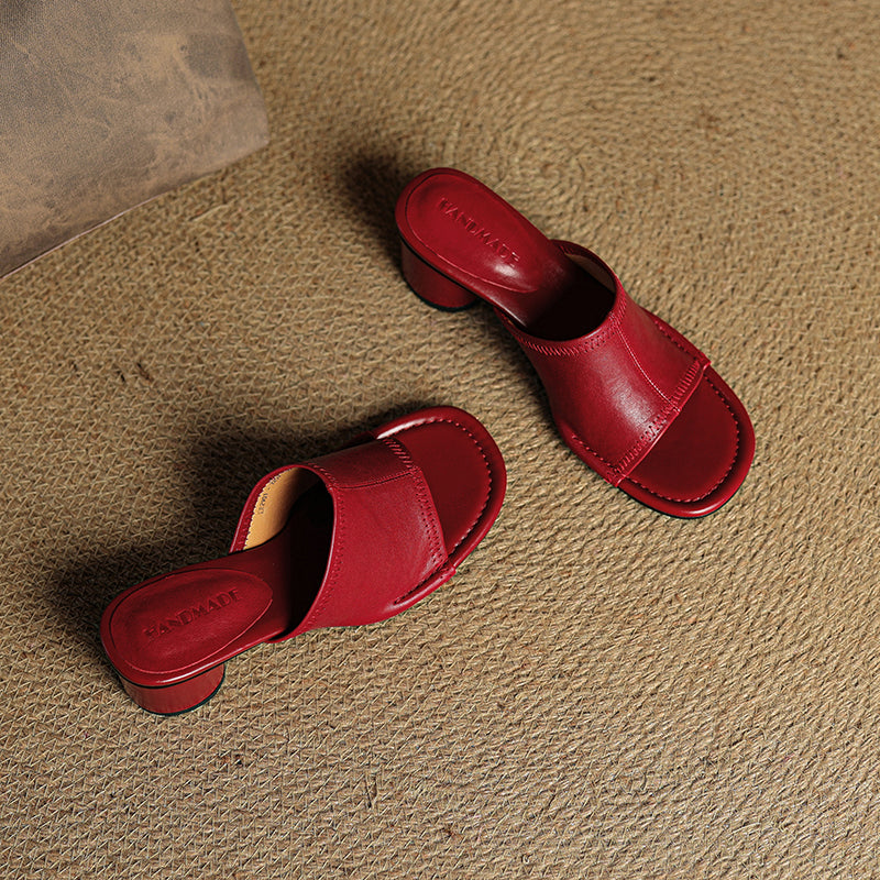 Handmade Leather Block Heel Mules - Women's Summer Cowhide Open Toe Sandals