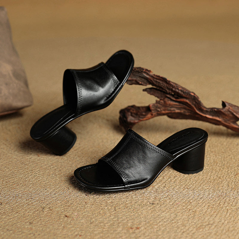 Handmade Leather Block Heel Mules - Women's Summer Cowhide Open Toe Sandals