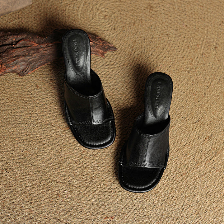 Handmade Leather Block Heel Mules - Women's Summer Cowhide Open Toe Sandals