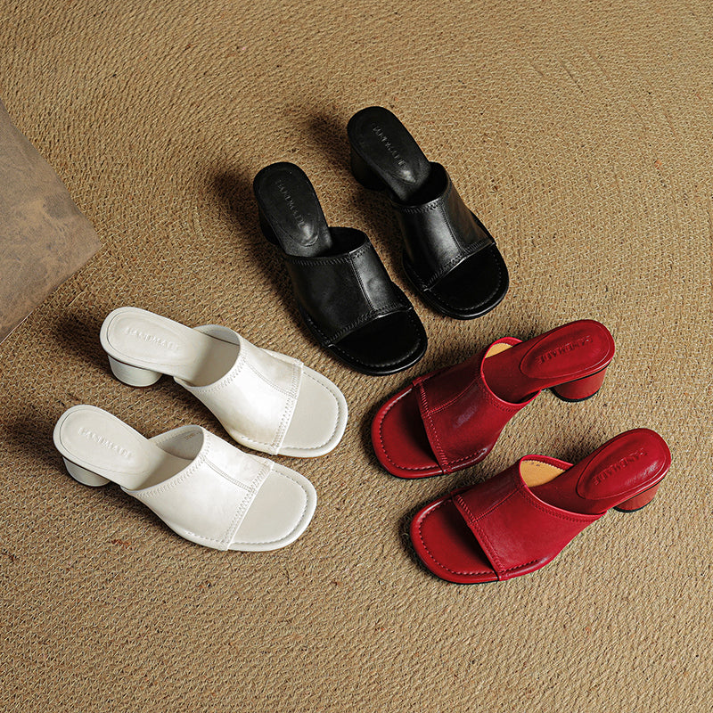 Handmade Leather Block Heel Mules - Women's Summer Cowhide Open Toe Sandals