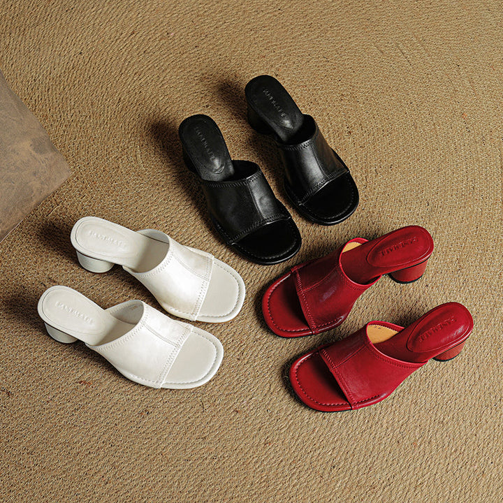 Handmade Leather Block Heel Mules - Women's Summer Cowhide Open Toe Sandals