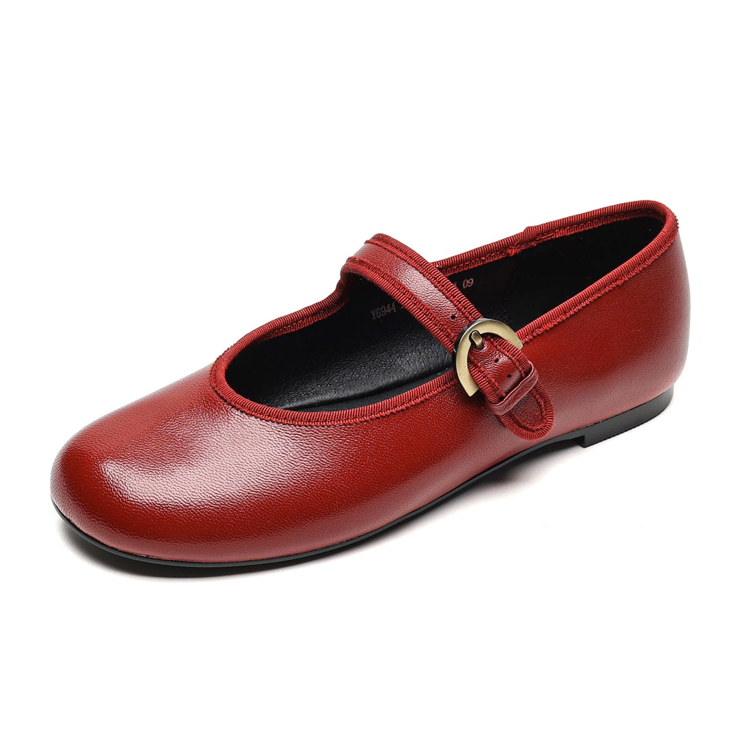 Women’s Sheepskin Mary Jane Flats – Classic Round Toe Buckle Strap Shoes