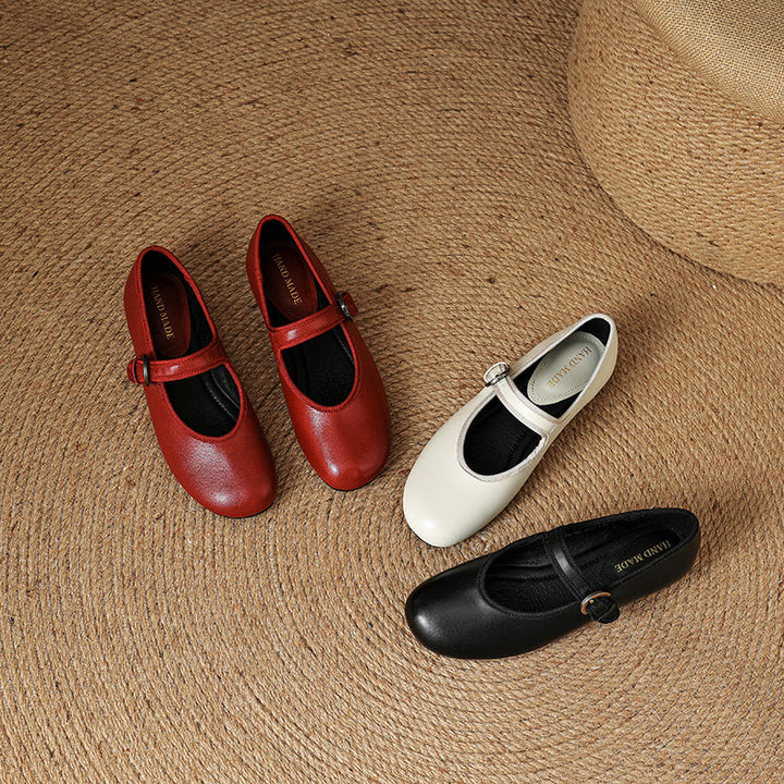 Women’s Sheepskin Mary Jane Flats – Classic Round Toe Buckle Strap Shoes