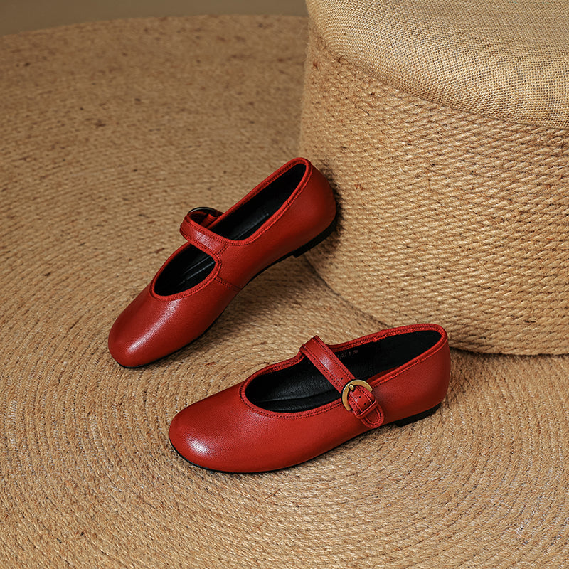 Women’s Sheepskin Mary Jane Flats – Classic Round Toe Buckle Strap Shoes