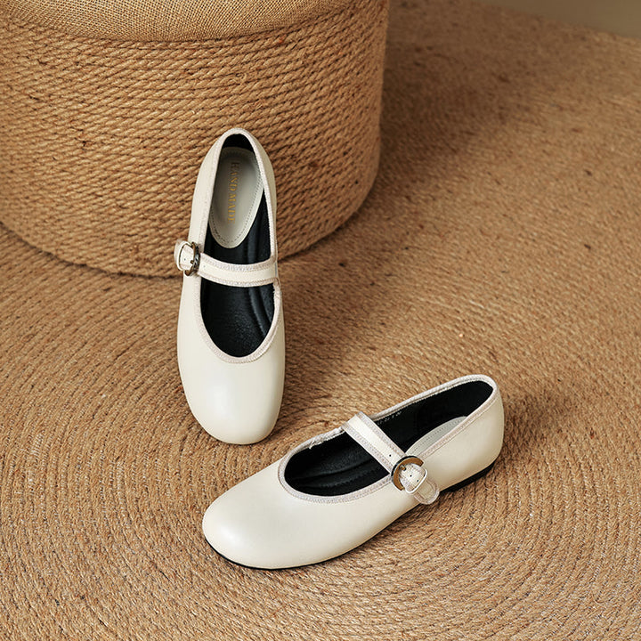 Women’s Sheepskin Mary Jane Flats – Classic Round Toe Buckle Strap Shoes