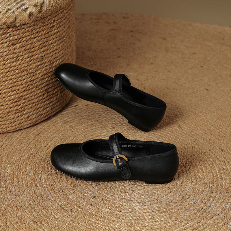 Women’s Sheepskin Mary Jane Flats – Classic Round Toe Buckle Strap Shoes