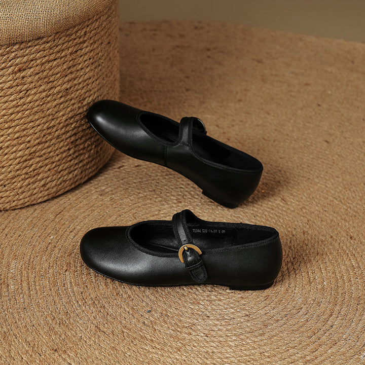 Women’s Sheepskin Mary Jane Flats – Classic Round Toe Buckle Strap Shoes