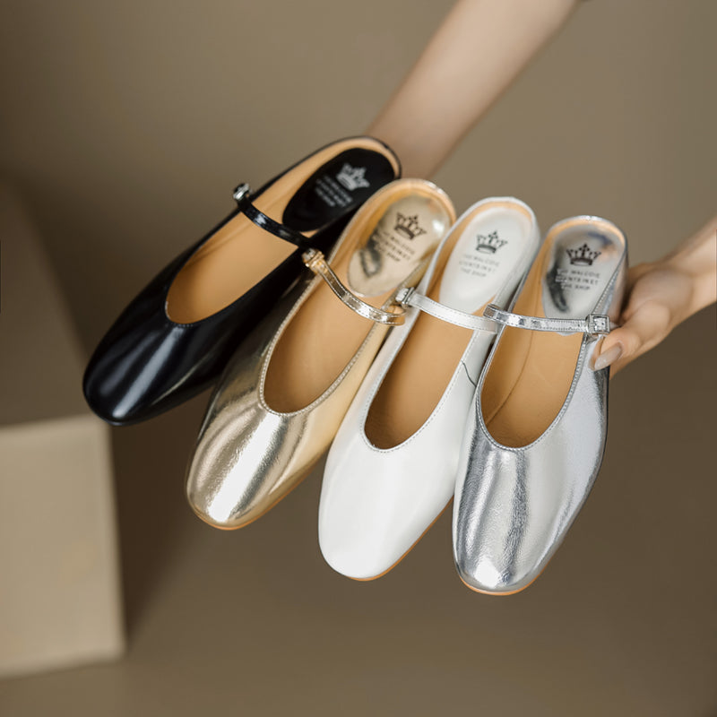 Women's Leather Metallic Color Flat Comfort Mary Jane Mule Shoes