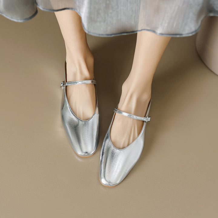 Women's Leather Metallic Color Flat Comfort Mary Jane Mule Shoes