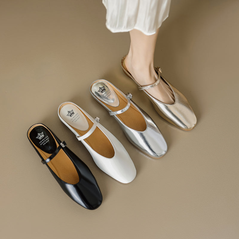 Women's Leather Metallic Color Flat Comfort Mary Jane Mule Shoes