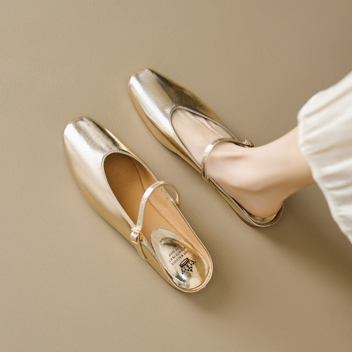 Women's Leather Metallic Color Flat Comfort Mary Jane Mule Shoes