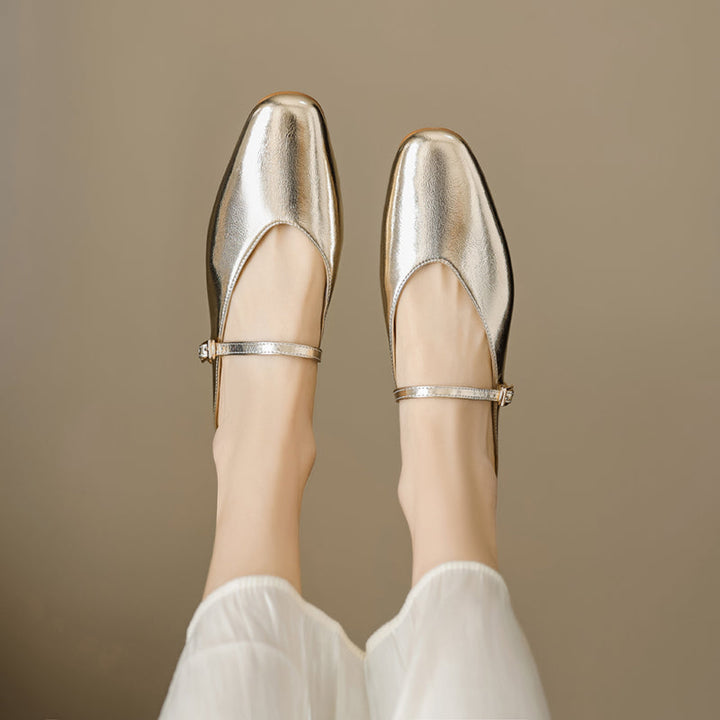 Women's Leather Metallic Color Flat Comfort Mary Jane Mule Shoes