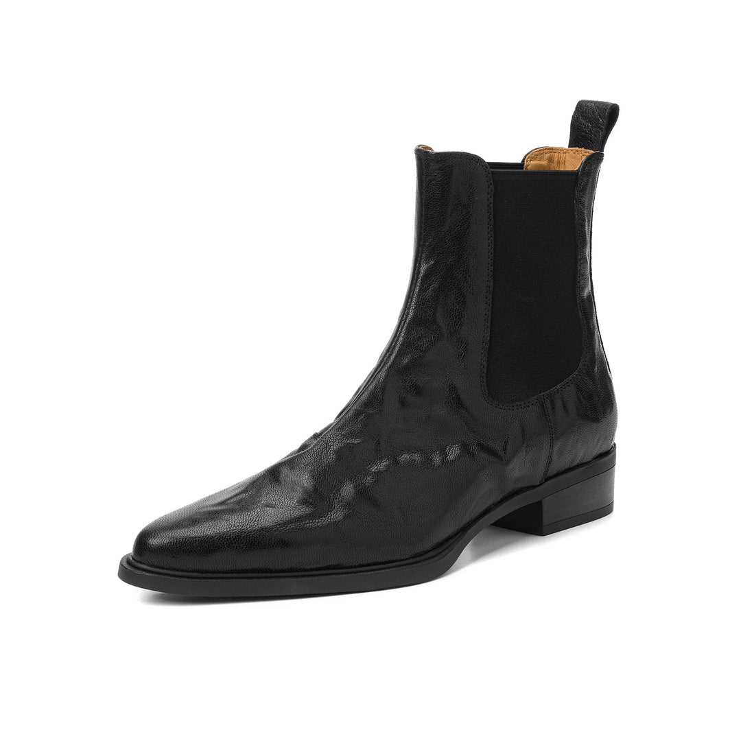 Women's Wrinkled Leather Chelsea Boots Pointed Toe Soft Sheepskin Elastic Slip-on Ankle Booties