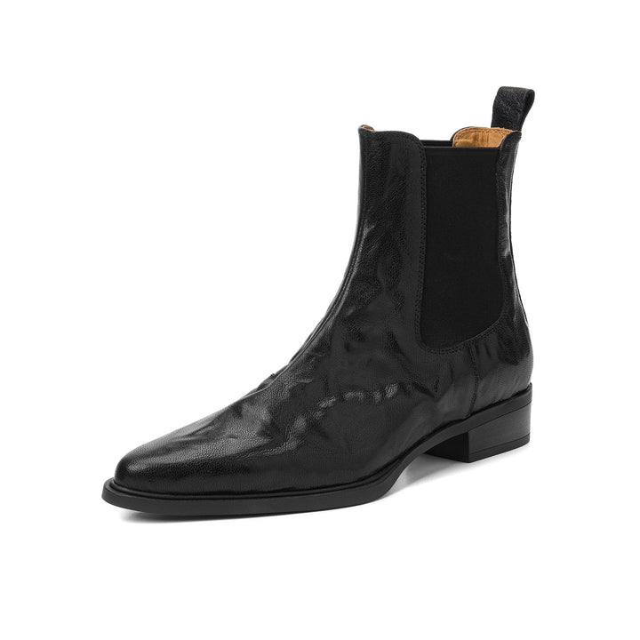 Women's Wrinkled Leather Chelsea Boots Pointed Toe Soft Sheepskin Elastic Slip-on Ankle Booties