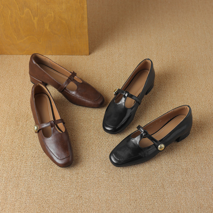 Women's Retro Low Heel T-Strap Handmade Leather Shoes