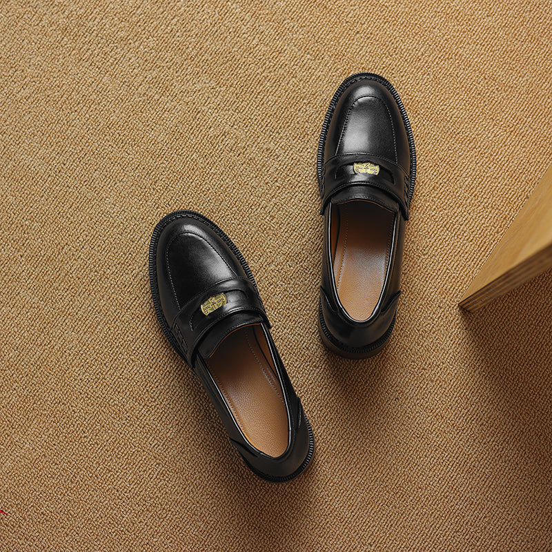 Women's Handmade Leather Classic British Style Gold Coin Loafers