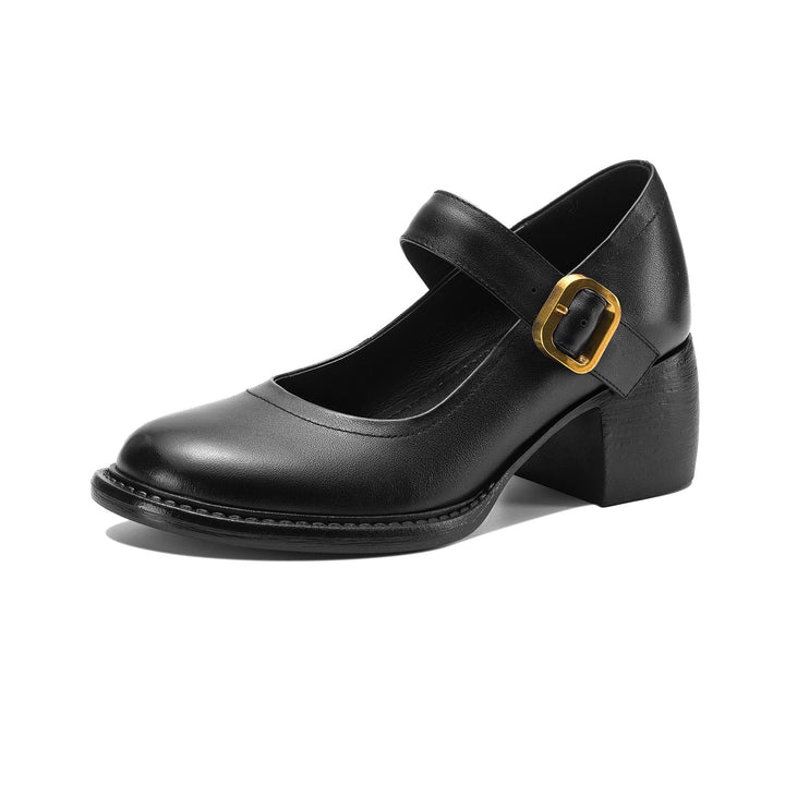 Women's Vintage 1960s Style Strap Pumps - Leather Elegant Round Toe Block Heels