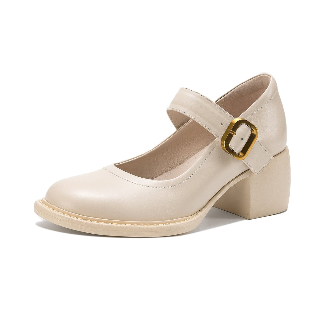 Women's Vintage 1960s Style Strap Pumps - Leather Elegant Round Toe Block Heels